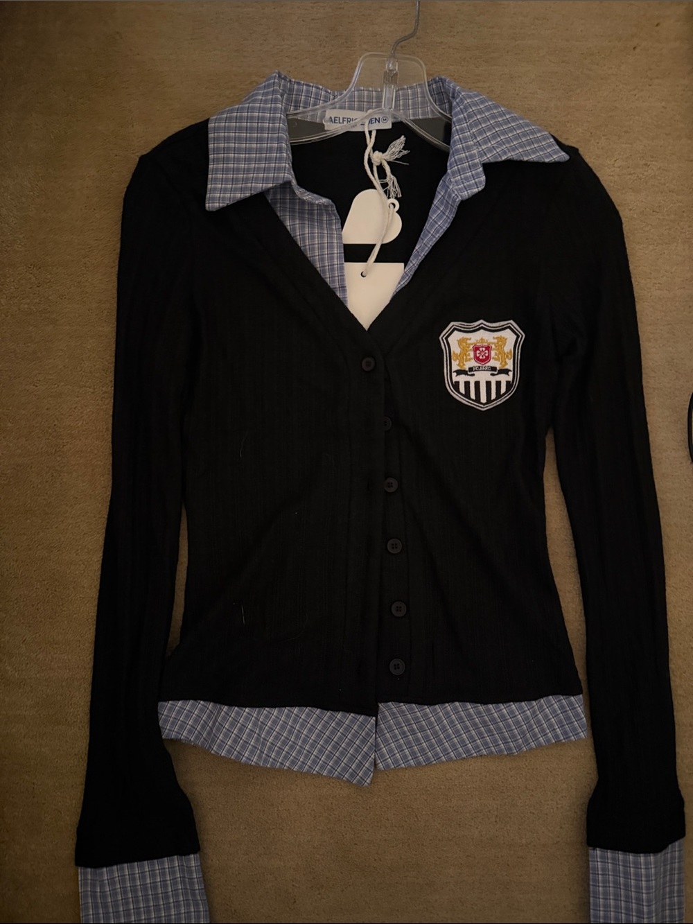 Aelfric Eden Black Layered Cardigan with Blue Check Trim and Crest